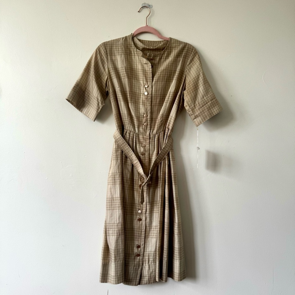 Vintage Tan Gingham Style Button-Down Dress - Picture 1 of 8